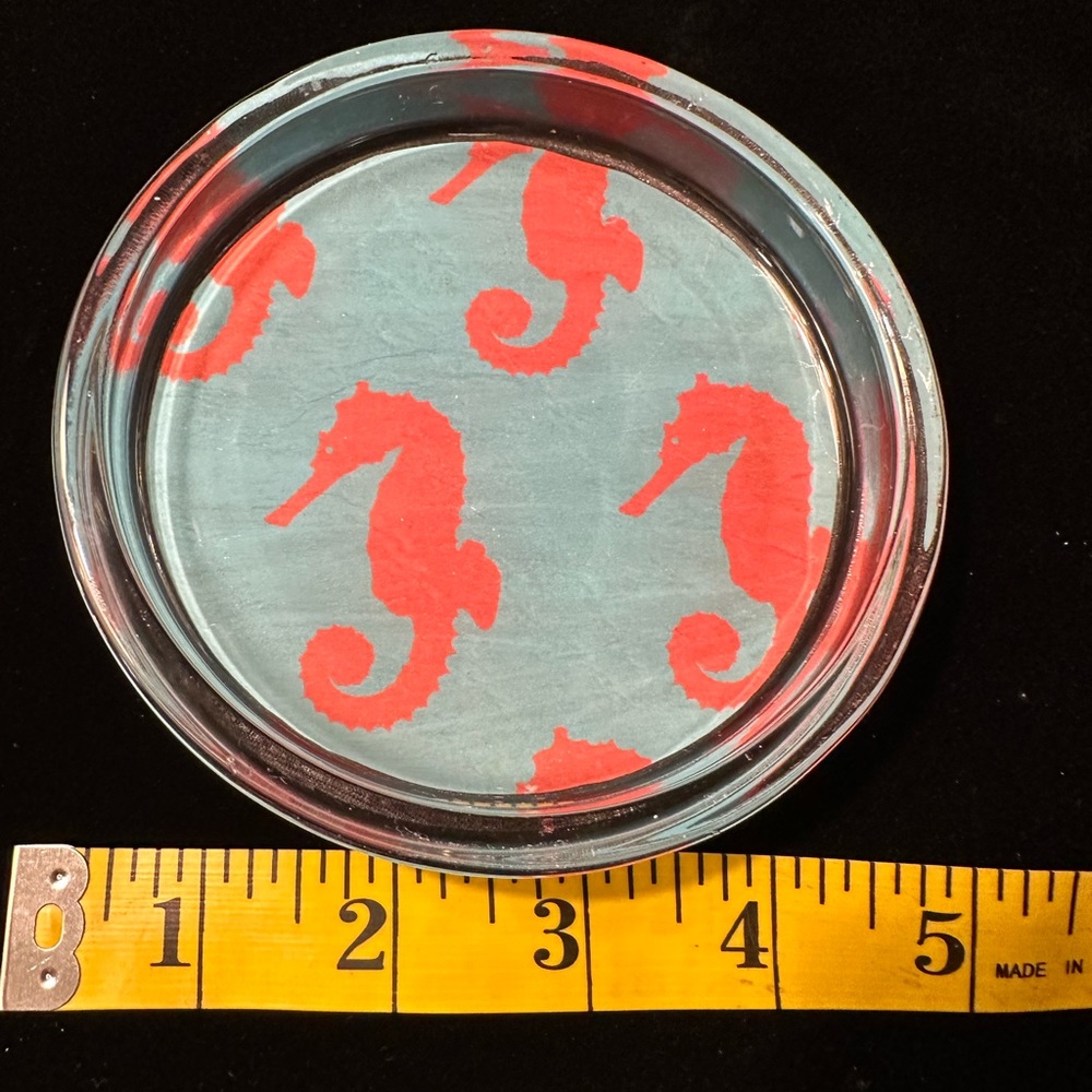 Hand crafted coral and turquoise seahorse decopauge glass coaster/ring dish.